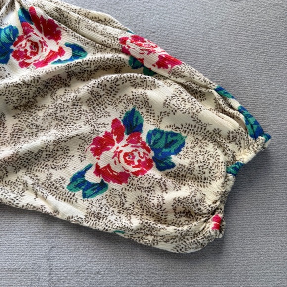 Free People Floral Boho Smocked Mini Dress Balloon Sleeve Size L Whimsical Retro - Picture 12 of 13